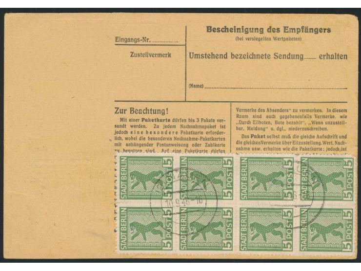 Paar (vorderseitig, kleine Eckfehler) und Achterblock 5 Pf. Bär beidseitig auf Paketkarte, sehr seltener violetter Not-L2 (2)