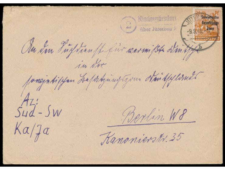 SBZ-Maschinenaufdruck 24 Pf. auf Brief mit Not-L2 der PSt I (seit 1.8.1948)  (2) Niedergörsdorf über Jüterbog 2  und Normstem