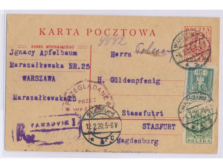 Ganzsache 15 F. mit Zusatzfrankatur 5 F. und 50 F. als  Einschreiben  nach Deutschland, aptierter deutscher Stempel  Warszawa