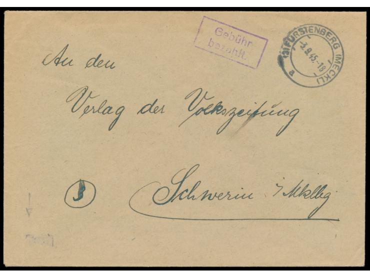 unverschlossener Brief mit Stempel  Fürstenberg (Meckl)  3.9.45 und violettem R2 Gebühr bezahlt nach Schwerin, vorderseitig l
