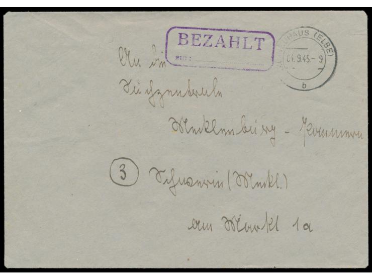 Stempel  (20) Neuhaus (Elbe)  4.9.45 und violetter R2  "Bezahlt / am: ..." , östlich der Elbe gelegener ehemals hannöverscher