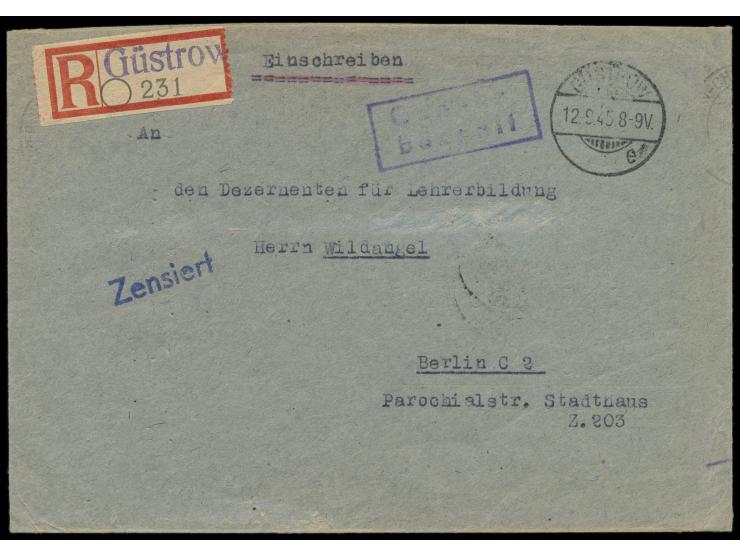 R-Brief mit Stempel  Güstrow  12.9.45 und viol. R2 Gebühr bezahlt nach Berlin, Blanko-R-Zettel mit viol. Orts-Z1, viol. Z1  G