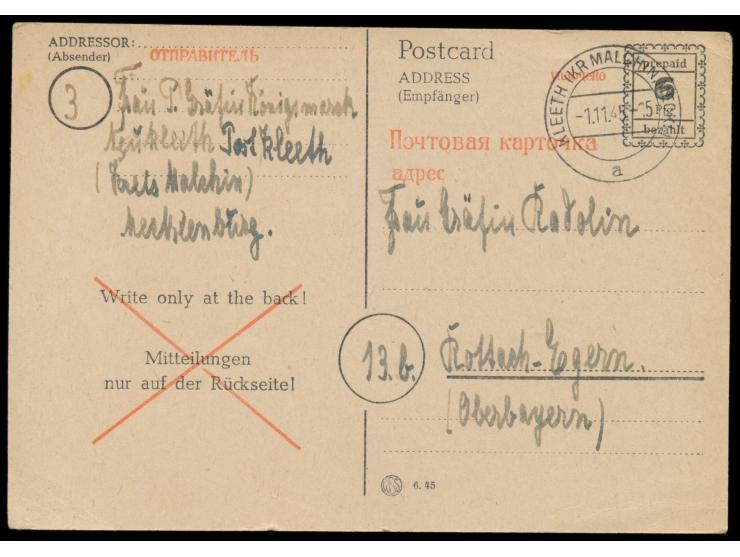 Behelfsganzsache &nbsp;der OPD Schwerin 6 Pf., Stempel &nbsp;Kleeth (Kr Malchin, Meckl) &nbsp;1.11.45, nach Rottach-Egern, la