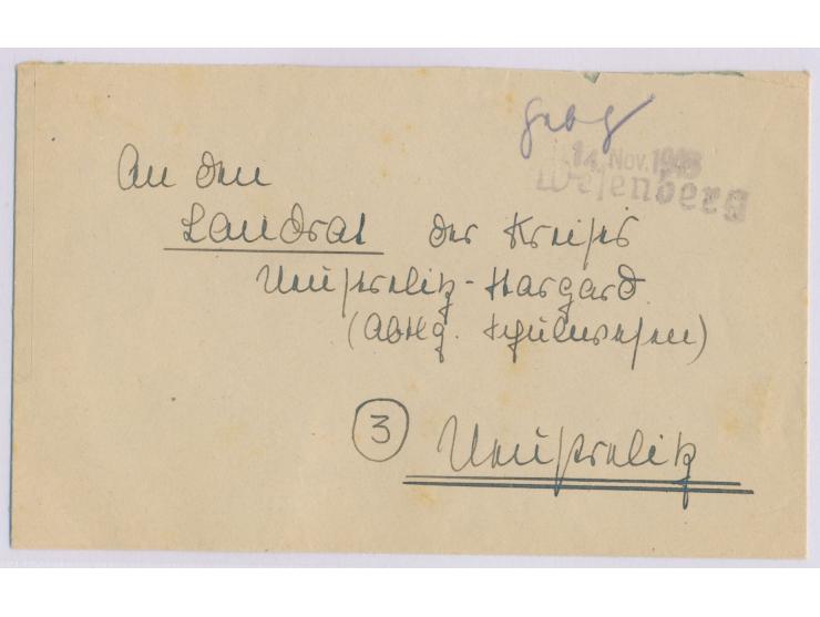 Brief mit schwarzem Not-L1  Wesenberg  (Handbuch Typ b) und Datum-L1 14. Nov. 1945 und handschriftlich "Geb. bez." nach Neust