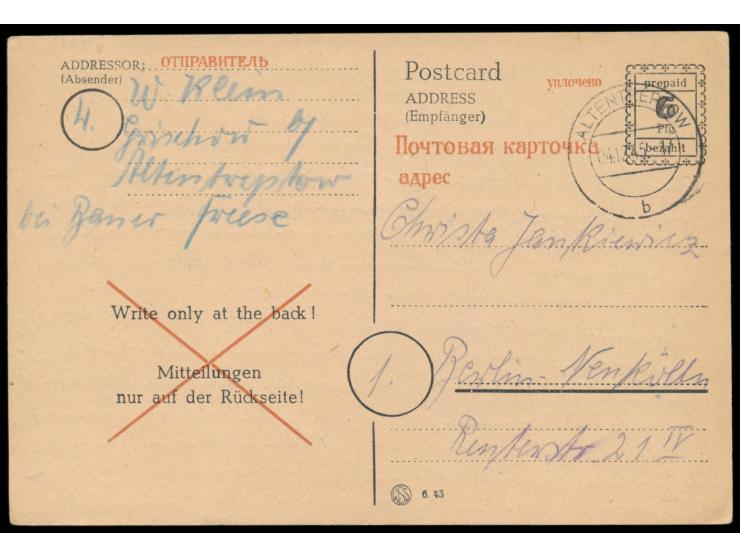 Behelfsganzsache &nbsp;der OPD Schwerin 6 Pf., Stempel &nbsp;Altentreptow &nbsp;4.12.45, nach Berlin-Neukölln, langer Bedarfs