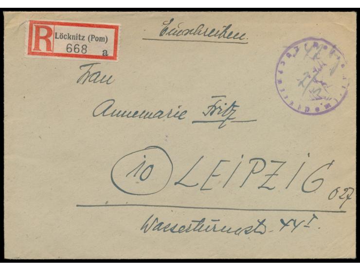 aptiertes Dienstsiegel  Postamt Löcknitz (Pom)  als Notaufgabestempel mit handschriftlichem Datum 2.1.(1946) und "42 Pf. bez.