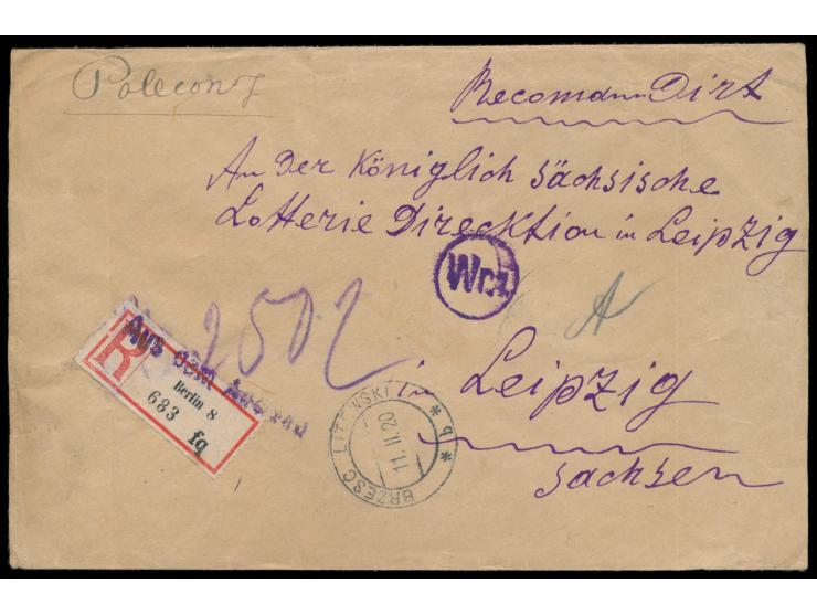 Viererblock 25 f. rückseitig auf  Einschreibbrief  mit Stempel  Brest Litewski  11.2.20 und handschriftlichem Registrierverme