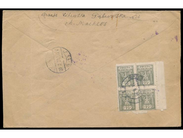 Viererblock 25 f. rückseitig auf  Einschreibbrief  mit Stempel  Brest Litewski  11.2.20 und handschriftlichem Registrierverme