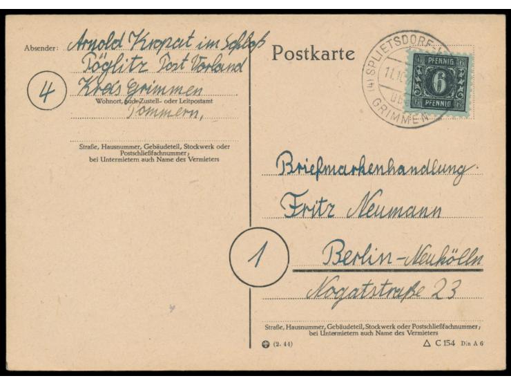sehr seltener Stempel  Splietsdorf-Vorland über Grimmen  11.10.46, laut Richter-Handbuch nur von Oktober 1945 bis Februar 194