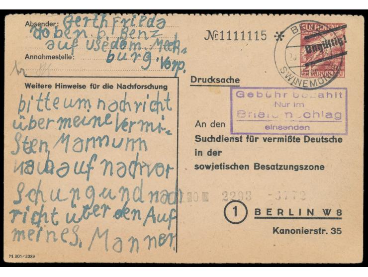 Stempel &nbsp;Benz über Swinemünde &nbsp;29.3.48, noch alte Leitortbezeichnung Swinemünde (Polnisch) auf &nbsp;Suchdienst-Gan