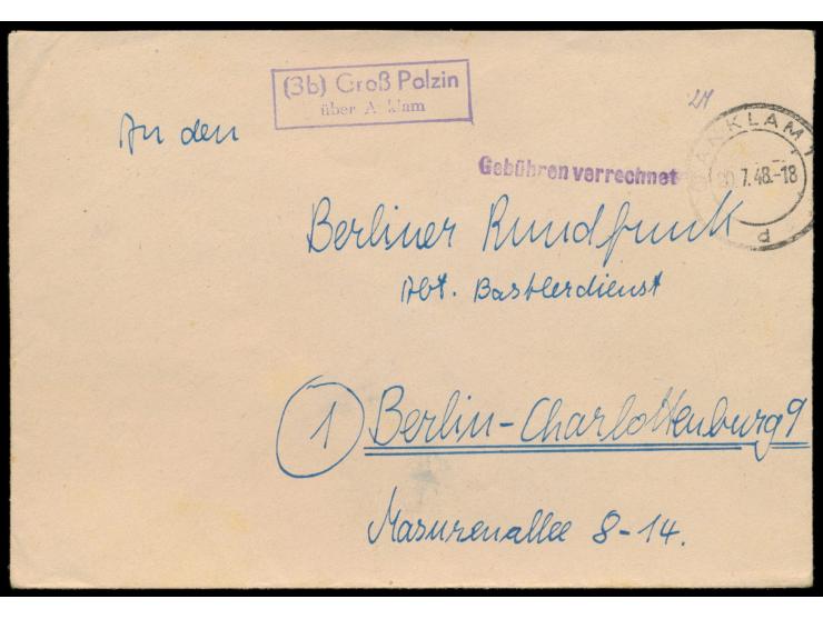 Brief mit PSt II-Stempel  (3b) Groß Polzin über Anklam  und Stempel Anklam 1 20.7.48 und violetter L1  Gebühren verrechnet  a