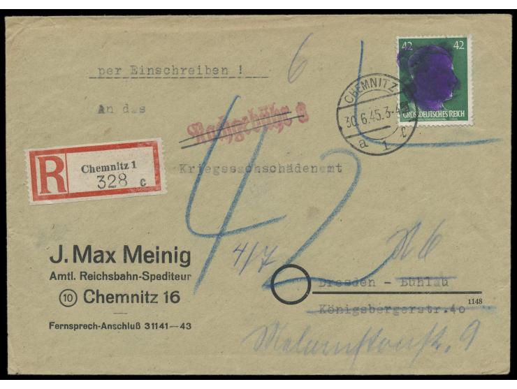 RPD Chemnitz, &nbsp;Einzelfrankatur 42 Pf. Hitler mit Schwärzung auf &nbsp;R-Brief &nbsp;an das Kriegsschädenamt in Dresden, 