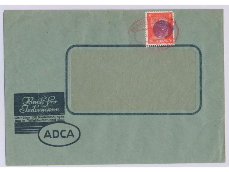 RPD Chemnitz,  Rollenmarke 8 Pf. Hitler (Zahnfehler) mit  Firmenlochung "VB"  (Vogtländische Bank) und Schwärzung, roter Stem