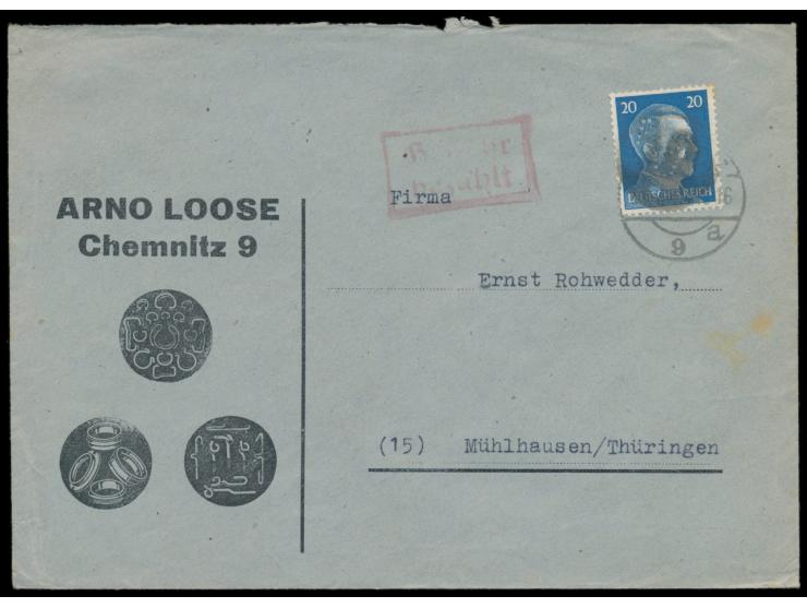 RPD Chemnitz,  20 Pf. Hitler mit  Firmenlochung "A L / C"  (Arnold Loose) und Schwärzung auf Firmenbrief 2. Gewicht, Stempel 