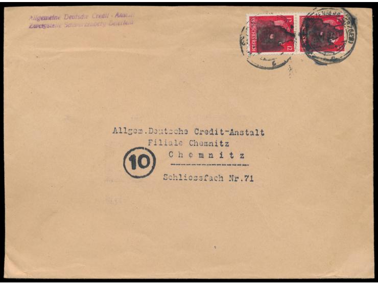 Schwarzenberg, &nbsp;2 x 12 Pf. mit &nbsp;Schloss-Silhouette &nbsp;auf Brief 2. Gewicht nach Chemnitz, Stempel Schwarzenberg 