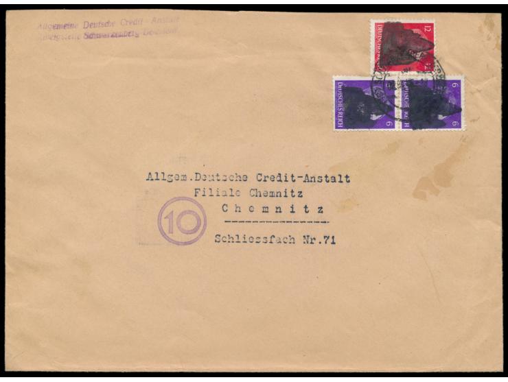 Schwarzenberg, &nbsp;2 x 6 Pf. und 12 Pf. mit &nbsp;Schloss-Silhouette &nbsp;auf Brief 2. Gewicht nach Chemnitz, Stempel Schw