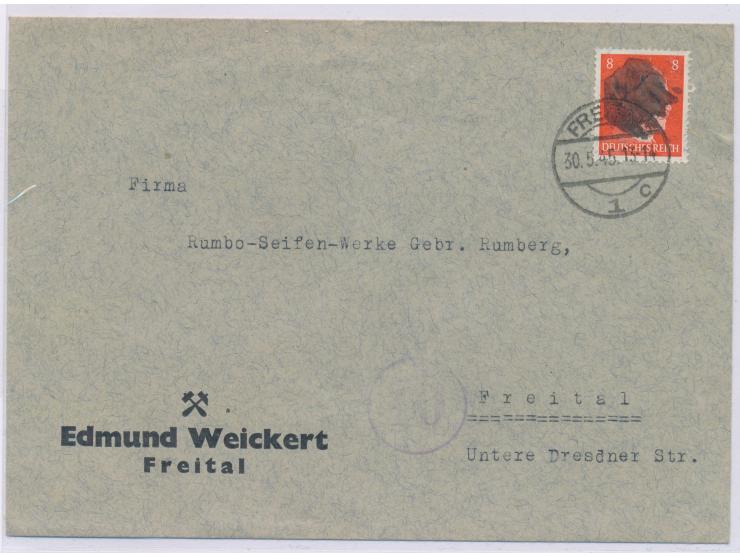 OPD Dresden,  8 Pf. Hitler mit Schwärzung auf Ortsbrief, Stempel  Freital 1  30.5.45, Bedarf
Postleitzahl: 017
