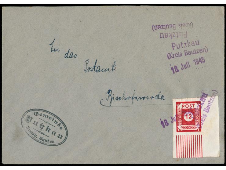 3 x viol.  Not-Z2 Putzkau / (Kreis Bautzen)  und 2 x Datum-Z1 18. Juli 1945 auf Brief mit EF 12 Pf. (Eckrandstück rechts unte
