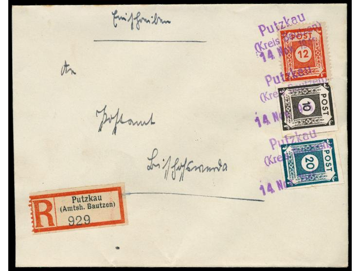 viol.  Not-Z2 Putzkau / (Kreis Bautzen)  und Datum-Z1 14. Nov.1945, jeweils drei Abschläge auf  R-Brief   an das Postamt Bisc
