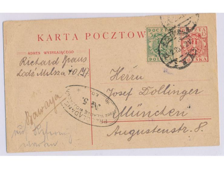 Ganzsache 15 F. mit Zusatzfrankatur 5 F. nach München, aptierter deutscher Stempel Lodz 23.2.20, Ovalstempel der  Zensurstell