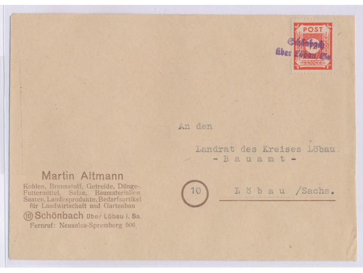 violetter Not-L2  Schönbach Über Löbau / Sa  auf Brief mit Ostsachsen 12 Pf. nach Löbau, Bedarf
Stichwort: Notstempel
Postlei