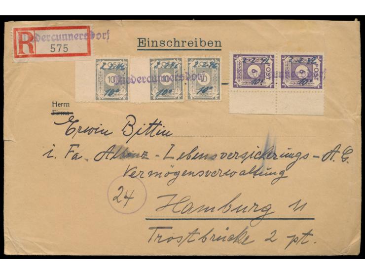 3 x 10 Pf. Ziffer grau mit &nbsp;Privatdurchstich &nbsp;und 2 x 6 Pf. violett auf &nbsp;Einschreibbrief &nbsp;nach Hamburg, 2