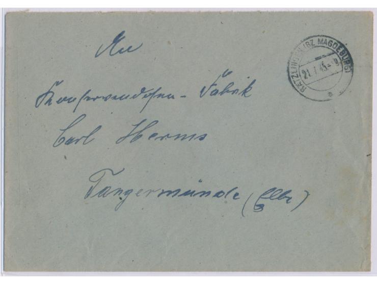 Regierungsbezirk Magdeburg, &nbsp;&nbsp;Brief mit Stempel &nbsp;Rätzlingen (Bz Magdeburg) &nbsp;21.7.45 &nbsp;ohne Gebühr bez