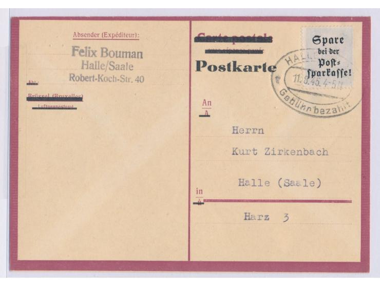 Fremdarbeiter-Ganzsache mit Hindenburg-Wertstempel (P 244), überklebt mit Werbefeld aus Zusammendruck, Stempel  Halle (Saale)