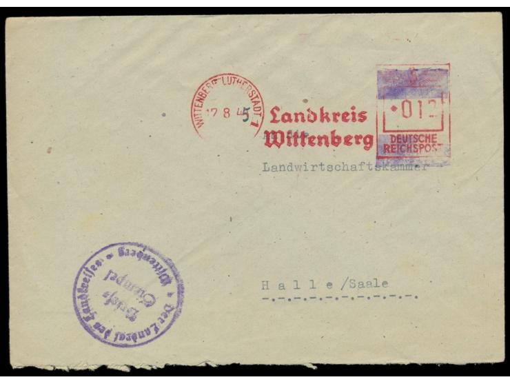 Absenderfreistempel  Wittenberg Lutherstadt 1  17.8.45, Landkreis, Reichsadler und Inschrift "Deutsche Reichspost" im Wertrah