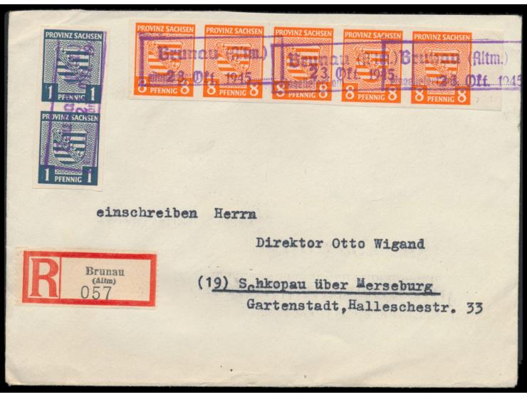 senkrechtes Paar 1 Pf. ungezähnt und waagerechter Fünferstreifen 8 Pf. ungezähnt auf Einschreibbrief, violetter Not-R2  Bruna
