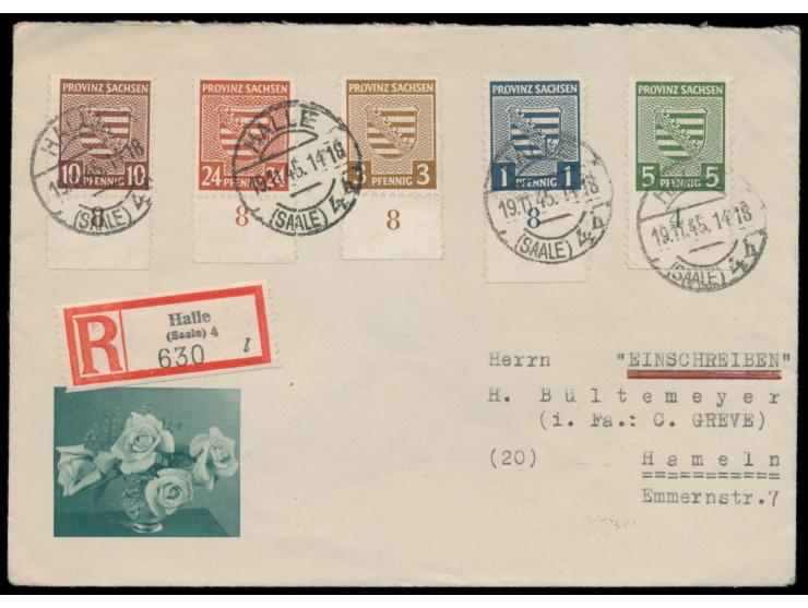 1 Pf., 3 Pf. und 5 Pf. mit  Privatzähnung L 11  und 10 Pf. und 24 Pf. (alle mit Unterrand) auf Einschreibbrief, Stempel  Hall