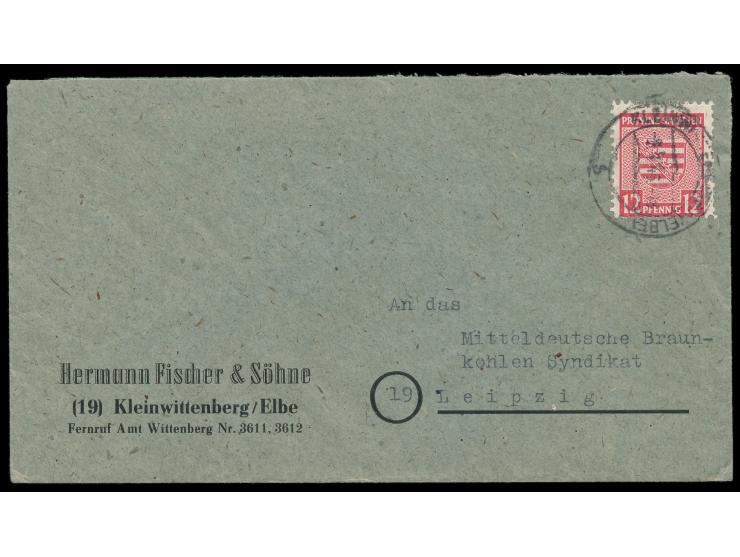 12 Pf. Provinzwappen mit  Postmeisterzähnung Wittenberg-Lutherstadt  auf Firmenbrief, Stempel  Kleinwittenberg (Elbe)  2.1.46