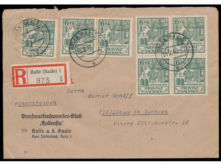 7 x 6 + 4 Pf.  Wiederaufbau  auf Einschreibbrief mit Stempel Halle (Saale) 1 15.2.46 nach Löbau, linke Marke mit seltenem  Pl