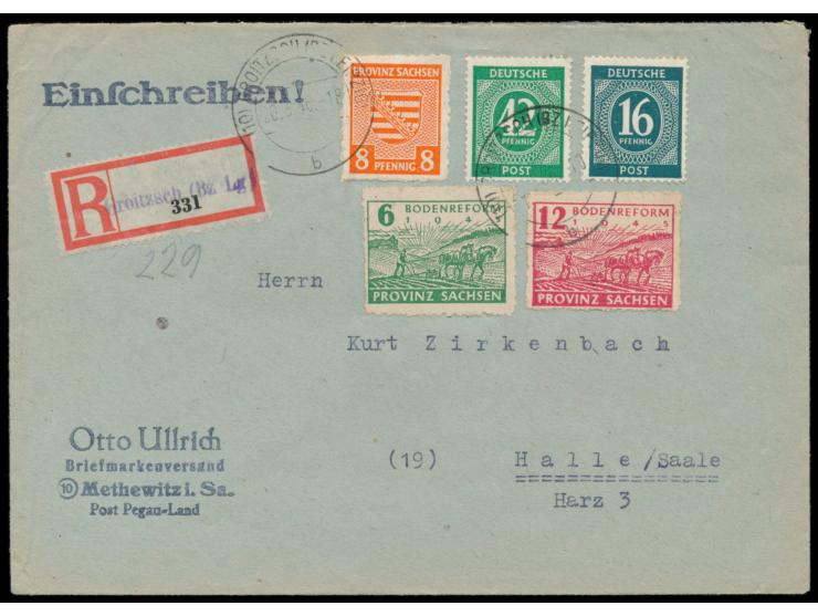 8 Pf. Wappen, 6 Pf. und 12 Pf. Bodenreform mit  Privatdurchstich  und 16 Pf. und 42 Pf. Ziffer auf Einschreibbrief, Stempel  