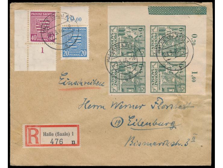 6 + 4 Pf.  Wiederaufbau ungezähnt  im Eckrandviererblock links oben mit Rand-Bordüre und 20 Pf. und 40 Pf. Wappen (beide mit 