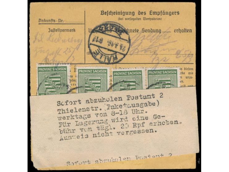 12 x 5 Pf. als seltene Mehrfachfrankatur beidseitig auf  Paketkarte  mit Stempel  Querfurt  21.3.46 nach Halle, Gewicht 5 Kg.