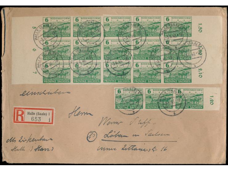 18 x 6 Pf. Bodenreform (15er-Bogenteil und Dreierstreifen) auf Einschreibbrief 2. Gewicht, Stempel  Halle (Saale) 1  3.6.46, 