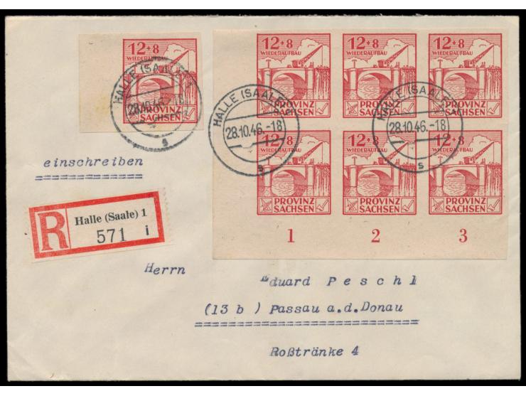 Eckrand-Sechserblock und Seitenrand-Einzelmarke 12 + 8 Pf.  Wiederaufbau ungezähnt  auf Einschreibbrief, Stempel Halle (Saale