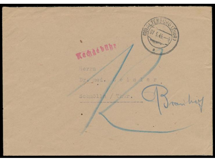 Amerikanische Besetzung: &nbsp;Stempel &nbsp;(10) Altenburg (Thür) 7.5.45 &nbsp;auf unfrankiertem Brief nach Schmölln, roter 