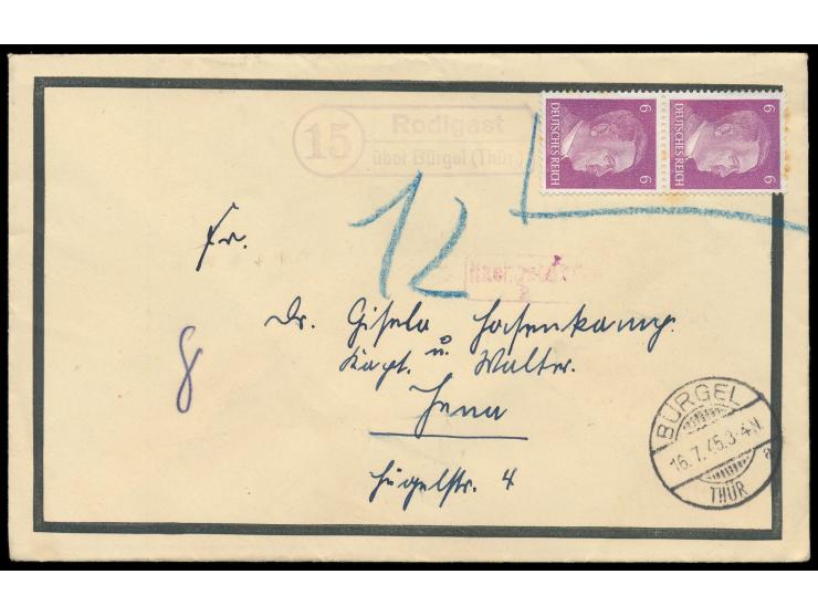 Brief mit 2 x 6 Pf. Hitler nach Jena, Frankatur beanstandet und blau eingerahmt, seltener  PSt II-Stempel (15)  Rodigast über