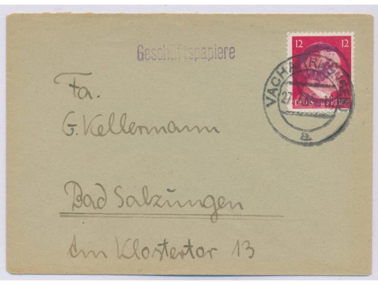 12 Pf. Hitler auf Brief nach Bad Salzungen, Postkasten-Auflieferung,  "überrollt",  Marke mit violettem Kreisstempel "Juli" ü