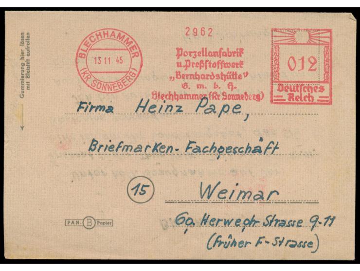 aptierter  Absenderfreistempel  "Porzellanfabrik ... Bernhardshütte ..." mit Hakenkreuz-Wertrahmen (nur Hakenkreuz aptiert) 1