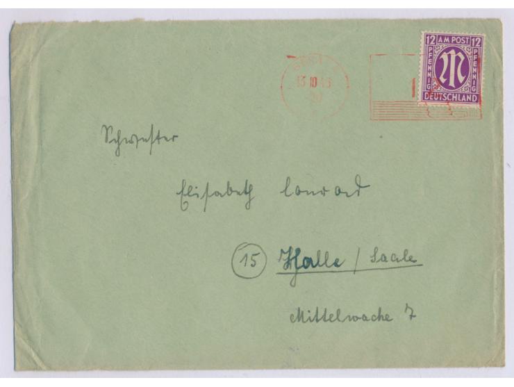 Postfreistempel  Gera 4  13.10.45 mit aptiertem Adlerkopf-Wertrahmen 12 Pf. als Entwertung auf mit 12 Pf. AM-Post vorfrankier
