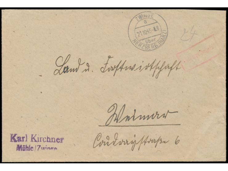 Brief mit Stempel  Zwinge über Herzberg (Harz)  21.10.45 und roter R1 Gebühr bezahlt nach Weimar. Durch einen Gebietswechsel 
