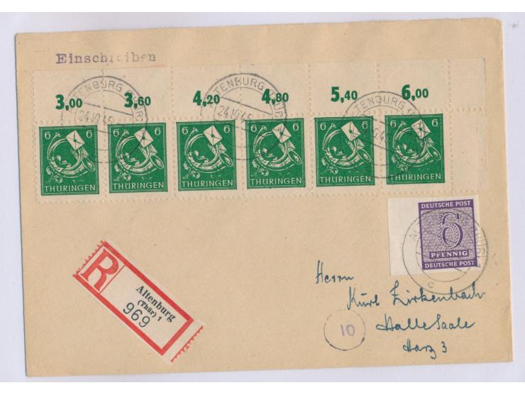 rechter oberer  Eckrandstreifen 6 Pf.  Posthorn mit Westsachen 6 Pf. Ziffer auf Einschreibbrief, Stempel  Altenburg (Thür.) 1
