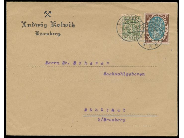 Westpreußisches Abtretungsgebiet von 1920: &nbsp;Mischfrankatur Dt. Reich &nbsp;15 Pf. Nationalversammlung &nbsp;mit Polen 5 