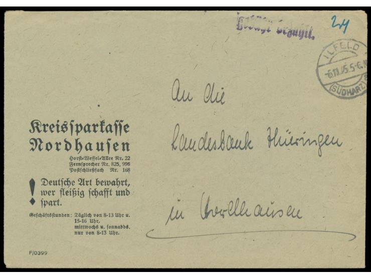 Brief der Kreissparkasse Nordhausen mit Stempel  Ilfeld (Südharz)  6.11.45 und violetter L1 "gebühr bezahlt", im Landkreis No