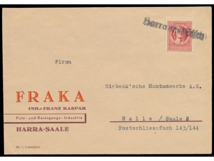 schwarzer Not-L1  Harra (Kreis Schleiz)  auf Firmenbrief mit 12 Pf. Schiller nach Halle, Bedarf
Stichwort: Notstempel
Postlei