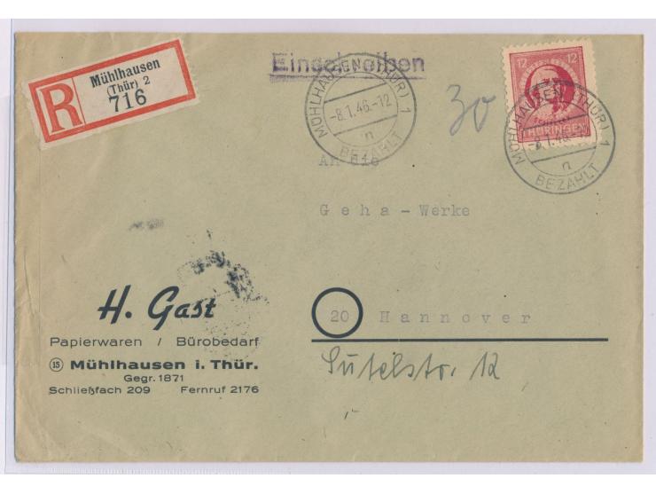 12 Pf. Schiller mit Stempel  Mühlhausen (Thür) 1 Bezahlt  8.1.46 und handschriftlich "30" Pf. als  Teilbarfrankatur  auf Eins