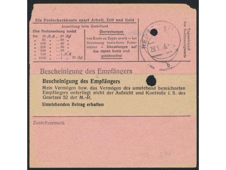 Postanweisung  auf 1 RM 58 Pf. mit Stempel  Nordhausen 2  15.1.46 und rotem R1 Gebühr bezahlt nach Remscheid (Britische Zone)